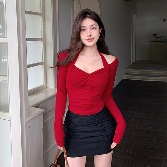 Fashion Style Neck Pleated Slim Long Sleeve Top