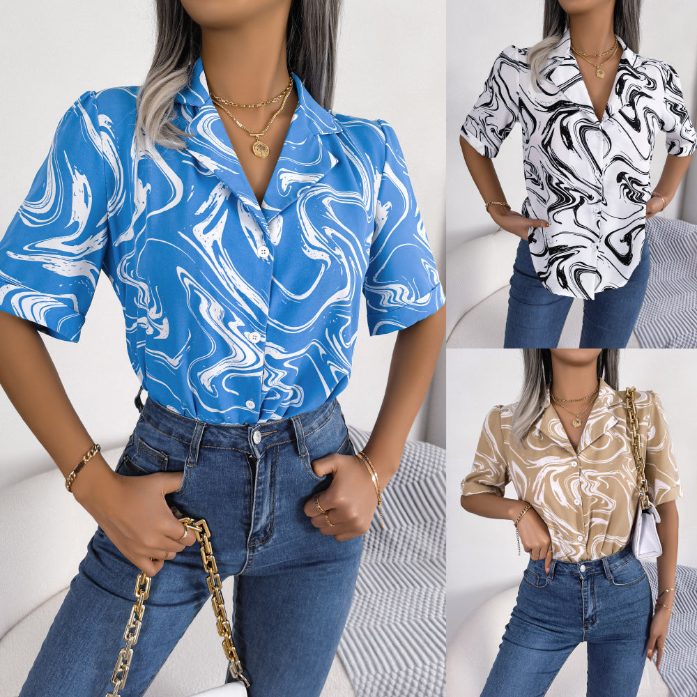 Fashion Tie Dye Printed Short Sleeve Shirt Summer Casual Lapel Shirt Tops For Womens Clothing