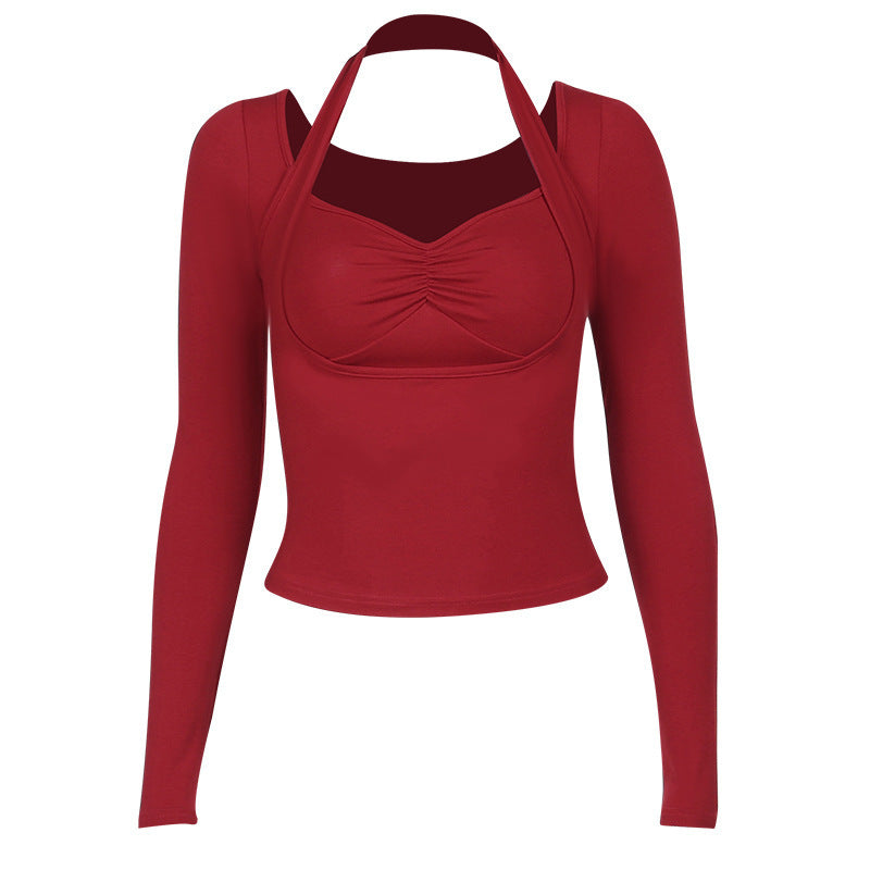 Fashion Style Neck Pleated Slim Long Sleeve Top